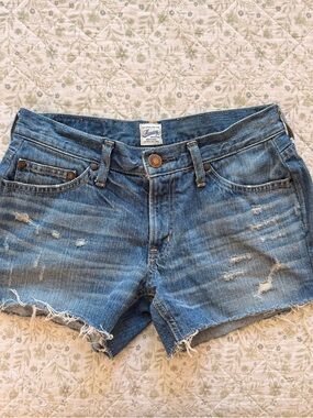 Vintage MOUSSY blue denim mini shorts with frayed hem